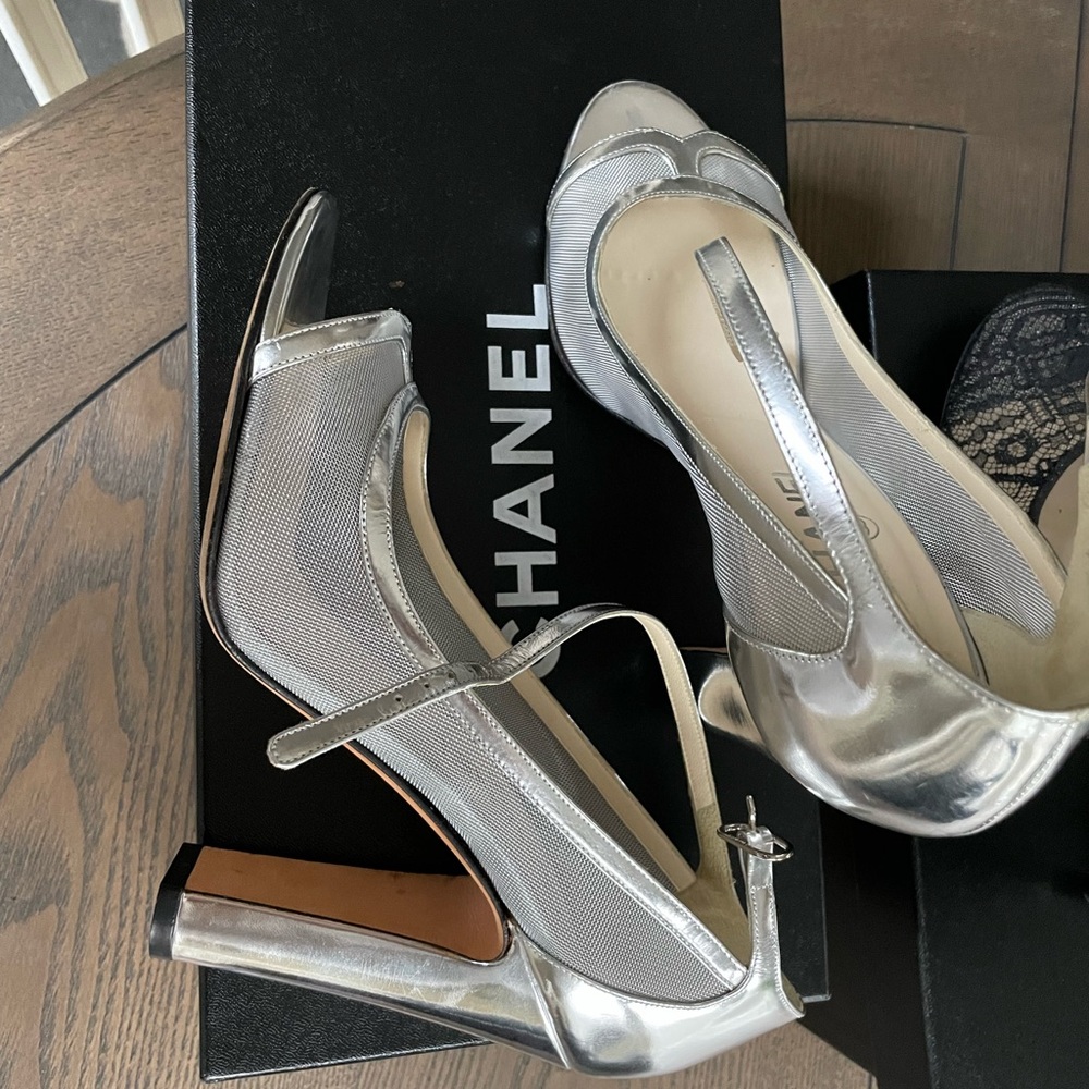 Silver Chanel heels. Barely worn.